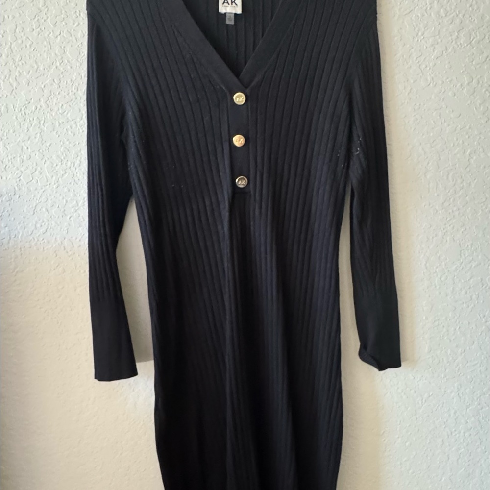 Anne Klein Black Ribbed Dress with Gold Accents